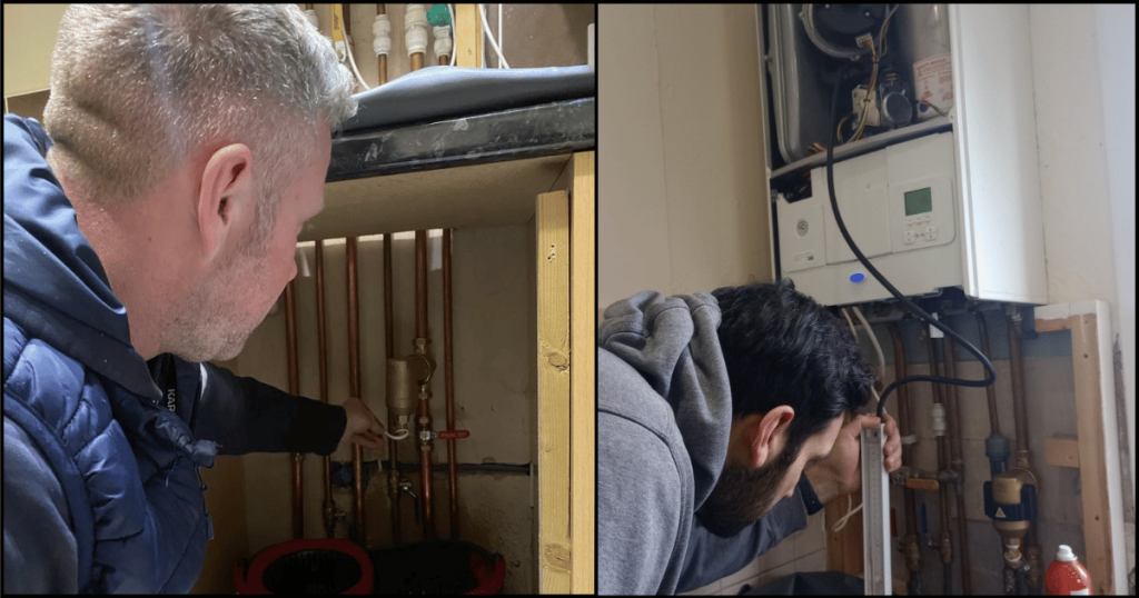 Two Able Skills students out on portfolio placement doing practical gas work under supervision.  